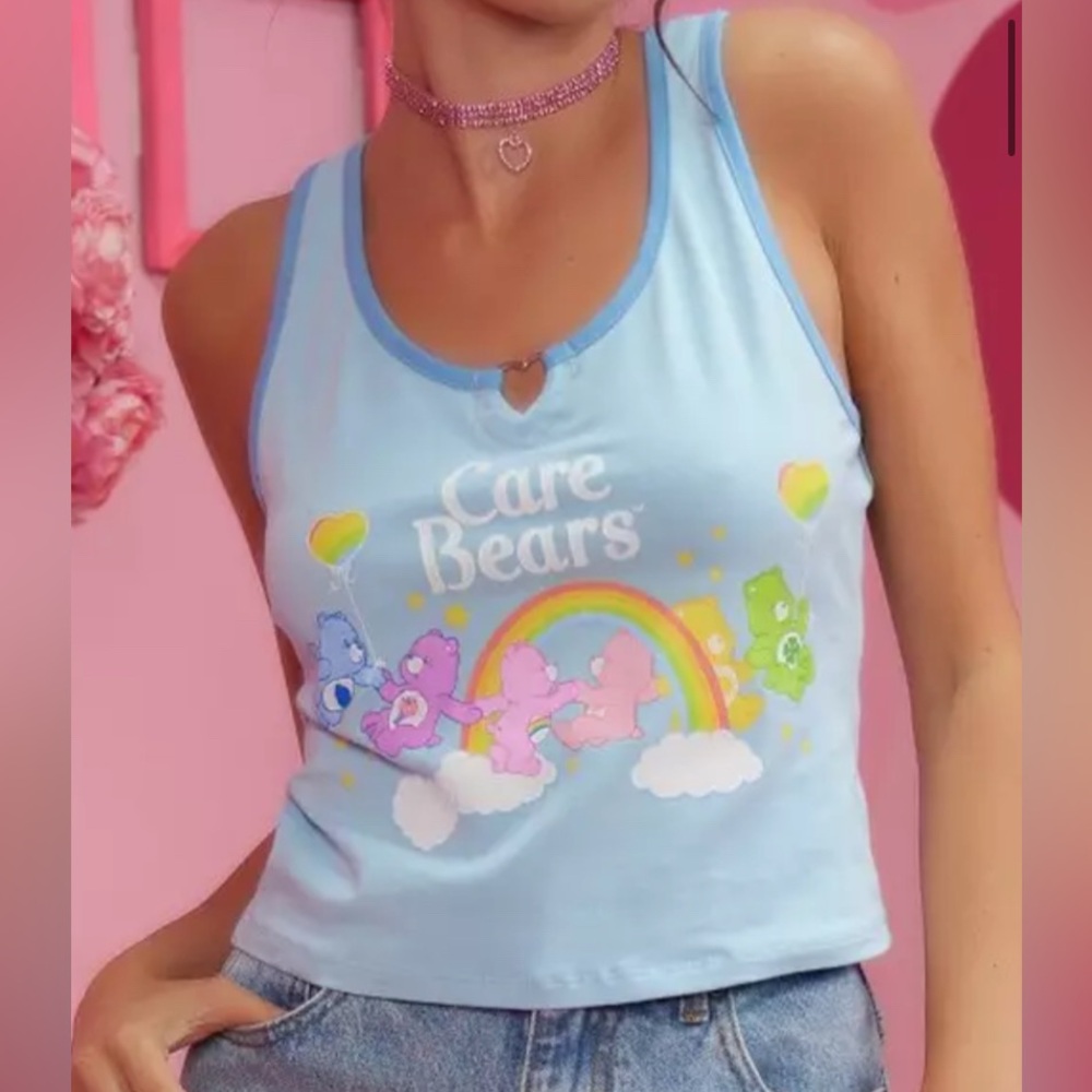 Hot Topic Care Bears Light Blue Tank Top with Rainbow Design